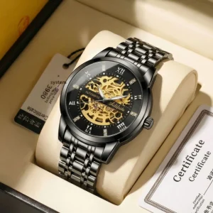 Stainless Steel Quartz Movement Men’s Hollow Watch Back Cover Visible Butterfly Buckle Wear Resistant