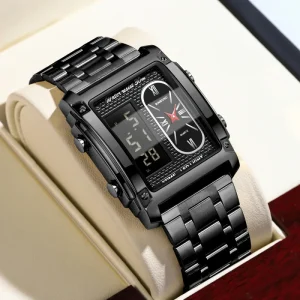 Stainless Steel Quartz Watch for Men Waterproof Digital Square Sports 38mm