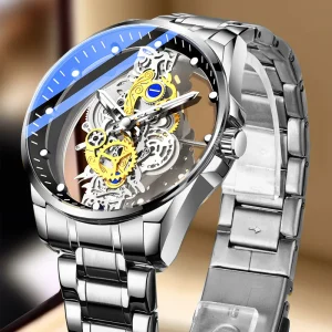 Stainless Steel Round Pointer Hollow Out Men’s Quartz Watch 42mm Mineral Glass Dial Waterproof 3BAR Skeleton