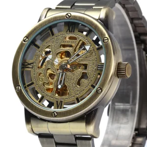 Stainless Steel Skeleton Watch Men Retro Bronze Case Automatic Mechanical Watch