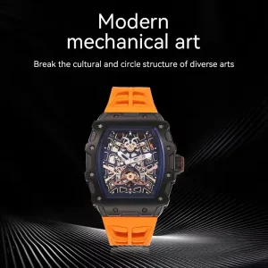 Stainless Steel Square Skeleton Electroplated Black Sapphire Crystal Luxury Watch 3ATM Automatic Mechanical