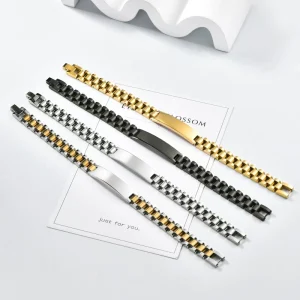 Stainless Steel Unisex ID Watch Band Engraving Plate Gold Silver Black Two Tone Chain Bracelet