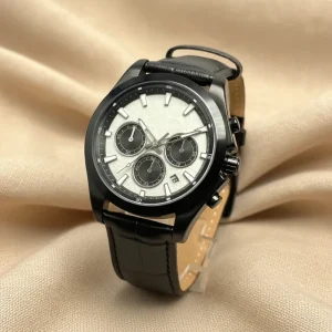Stainless Steel Watch Business Watches Chronograph Men’s Watch White Textured Dial Leather Strap Sport Casual Quartz Wristwatch