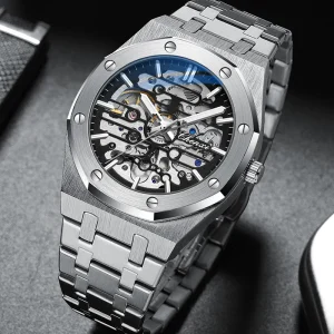 Stainless Steel Watch Sapphire Crystal Dial 3BAR Water Resistance Open Faced Mechanical Watch
