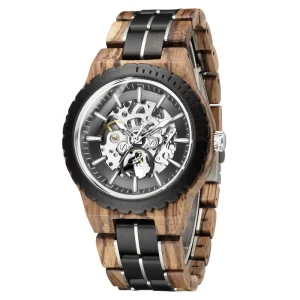 Stainless Steel Wood Skeleton Mechanical Automatic Wooden Watch for Men