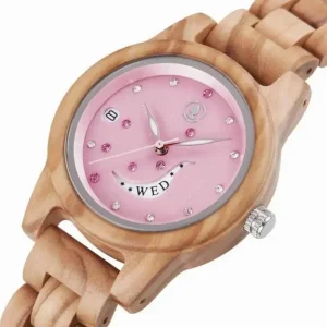 Starry Sky Star Dust Quartz Charm Women’s Wooden Watch 38mm Glass Dial Custom Pink Diamond Olive