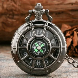 Steampunk Bronze Pocket Watch Quartz Movement Vintage Hollow Compass Pendant with Chain Antique Dial for Men Women