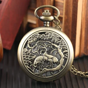 Steampunk Bronze Pocket Watch with Cranes Tree Pattern Hollow Carved Asian Zen Style Pendant Necklace Unique Antique Gift