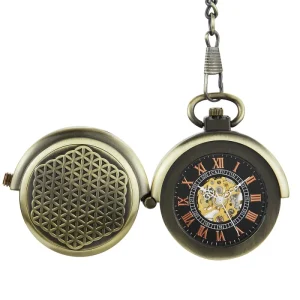 Steampunk Mechanical Hand Wind Pocket Watch Man Hollow Retro Bronze Cover Double Turntable Capping Pendant Necklace