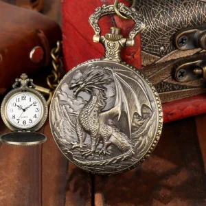 Steampunk Vintage Pocket Watch with Flying Dragon Bronze Chain Fob Watch for Men Antique Gift for Collectors
