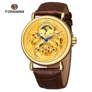 Stylish Automatic Skeleton Men’s Watch Shanghai Movement 24mm Band Analog Dial Alarm Custom Moon Phase