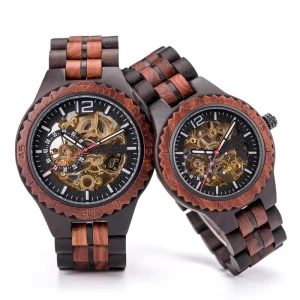 Stylish Chronograph Wood Wrist Watch Skeleton Movement Design Men’s Calendar Wooden Watch