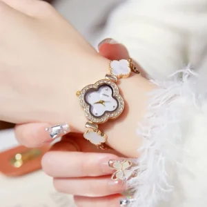 Stylish Cute Student Watch Four leaf Clover Rhinestone Decorative Bracelet Quartz Movement Glass Dial Window Band Position