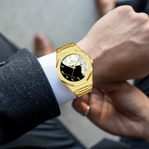 Stylish Men’s Quartz Watch with Unique Two Tone Dial Black Stainless Steel Band Arabic Numerals for Streetwear and Daily Outfits