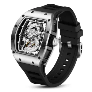 Stylish Silver Dragon Skeleton Automatic Watch Automatik Armbanduhr Mechanical Tonneau Male Wristwatches with Black Silicon Band