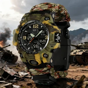 Survival Watch Outdoor Survival Spark Stone Nylon Braided Umbrella Rope Strap Men’s Sports Analog Digital Watch Waterproof