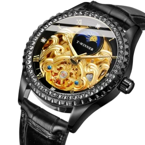 T Winner Luxury Genuine Leather Strap Automatic Mechanical Power Reserve Custom Logo Skeleton Moon Phase Men Watch