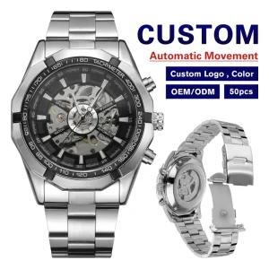 T winner Shanghai Skeleton Automatic Mechanical 46mm Analog Stainless Steel 24mm Band Bracelet Watch for Men