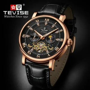 TEVISE Custom Logo Automatic Watch Men Sun Moon Phase Open Heart Skeleton Mechanical Watch OEM ODM Manufacturer