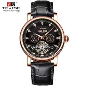 TEVISE T867C skeleton automatic watch for men, exposed mechanical design, leather, trendy casual style, OEM ODM mechanical watch