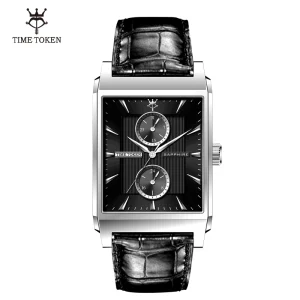 TIME TOKEN Japan Movt Quartz Watch for Men Black Chain Relojes De Cuarzo Chronograph Rectangle Montre Quartz Homme