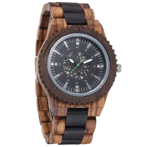 TJW Luxury Automatic Men’s Wooden Mechanical Watch 45mm Round Dial with Diamonds Business & Sport Style Pointer Display