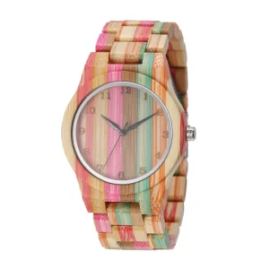 TJW Luxury Men’s Sport Watch Customizable 42mm Round Bamboo Wood Case Colorful Quartz with 22mm Fashion Coin Band