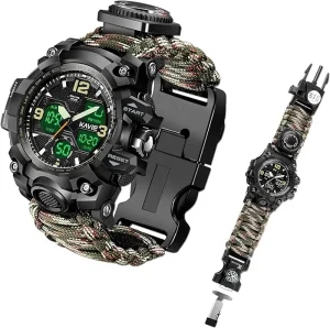 Tactical Digital Watch Survival Multi Functional Outdoors Waterproof Sports Watch Dual Display Analog LED Electronic