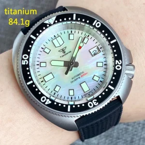 Titanium Turtle Automatic Watch Men 200M Waterproof MOP Dial 120 Clicks Bezel Tropical Band Diver Watch