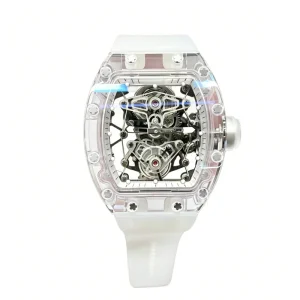 Tonneau Case Skeleton Tourbillon Automatic Mechanical Watch with Pointer Dial White Rubber Strap Durable Luxury