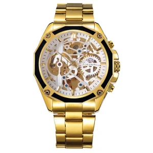 Tonneau Men Automatic Watch Leather Band Mechanical Wrist Watch