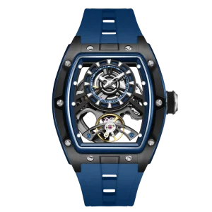 Tonneau Skeleton Mechanical Watch Men Automatic Blue Silicone Strap Sports Waterproof Wristwatch