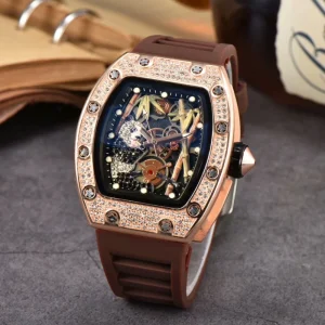 Tonneau Skeleton Panda Bamboo Automatic Women’s Watch Rose Gold Diamond Bezel Pink Silicone Strap Mechanical Wristwatch