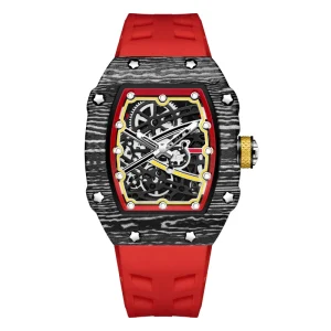 Tonneau Skeleton Watch for Men Luminous Dial Slim 9mm Case Lightweight Silicone Strap Waterproof Sport Watch