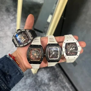 Tonneau shaped Tourbillon Skeleton Watch RM Style Ceramic Carbon Fiber Mechanical Watch with Rubber Strap