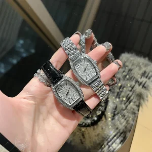 Tonneau-shaped full-diamond dial women’s watch fashionable light luxury exquisite compact steel band quartz wristwatch