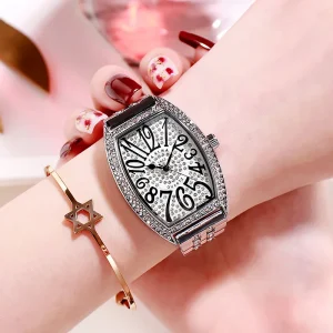 Tonneau-shaped full diamond quartz vintage-style steel strap women’s watches