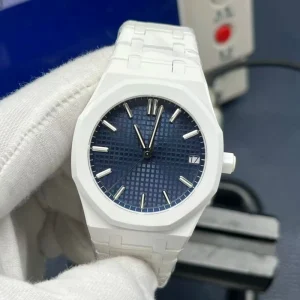 Top-tier15500 All White Ceramic Watch Blue Dial Large Grid Pattern Automatic Mechanical Men’s Watch
