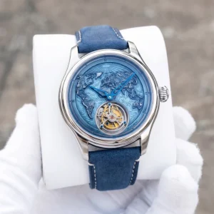 Tourbillon Mechanical Automatic Watch, World Map Dial, Stainless Steel, Sapphire Crystal, Blue Leather Men’s Wristwatch