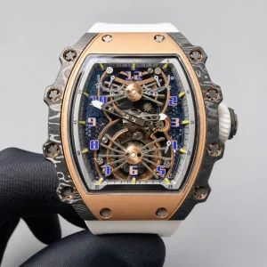 Tourbillon Skeleton Men’s Automatic Watch Tonneau Carbon Fiber Style Case Rose Gold Rubber Strap Wristwatch