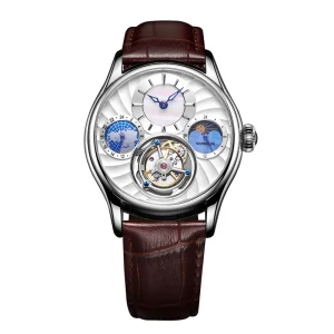 Tourbillon Watch for Men Two Time Zone Moonphase Multifunctional Mechanical Watch