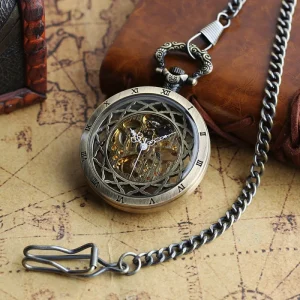 Transparent Bronze Black Skeleton Manual Mechanical Pocket Watch with Hanging Chain Hand Winding Pendant Pocket Timepiece