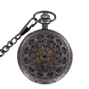 Transparent Bronze Black Skeleton Manual Mechanical Pocket Watches with Hanging Chain Hand Winding Pendant Pocket Timepiece