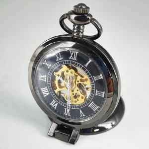 Transparent Bronze Black Skeleton Manual Mechanical Pocket Watches with Hanging Chain Hand Winding Pendant Pocket Timepiece