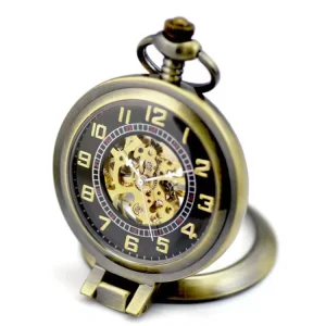 Transparent Bronze Black Skeleton Manual Mechanical Pocket Watches with Hanging Chain Hand Winding Pendant Pocket Timepiece