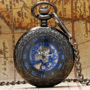 Transparent Cover Black Manual Mechanical Pocket Watch Hand Winding Skeleton Clock with Fob Chain