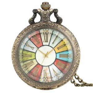 Transparent Cover Colorful Roman Numerals Dial Steampunk Quartz Old Pocket Watch With Chain for Men Gift