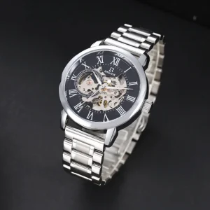 Transparent Design Alloy Mechanical Silver Gear Skeleton Stainless Steel Automatic Luxury Glass Dial Watches Unisex