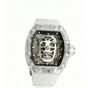 Transparent Hollow Crystal Tonneau Case Automatic Mechanical Watch with Pointer Dial White Rubber Strap