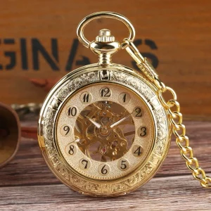 Transparent Hunter Quartz Stainless Steel Pocket Watch for Men Gold Fob Pendant Watch Chain Antique Style No Waterproof Luxury
